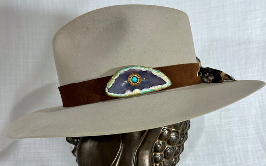 Hat Band, Genuine Suede, One size fits all, luxe Agate crystal, finished with grommet backs and stylish Chiffon ribbon