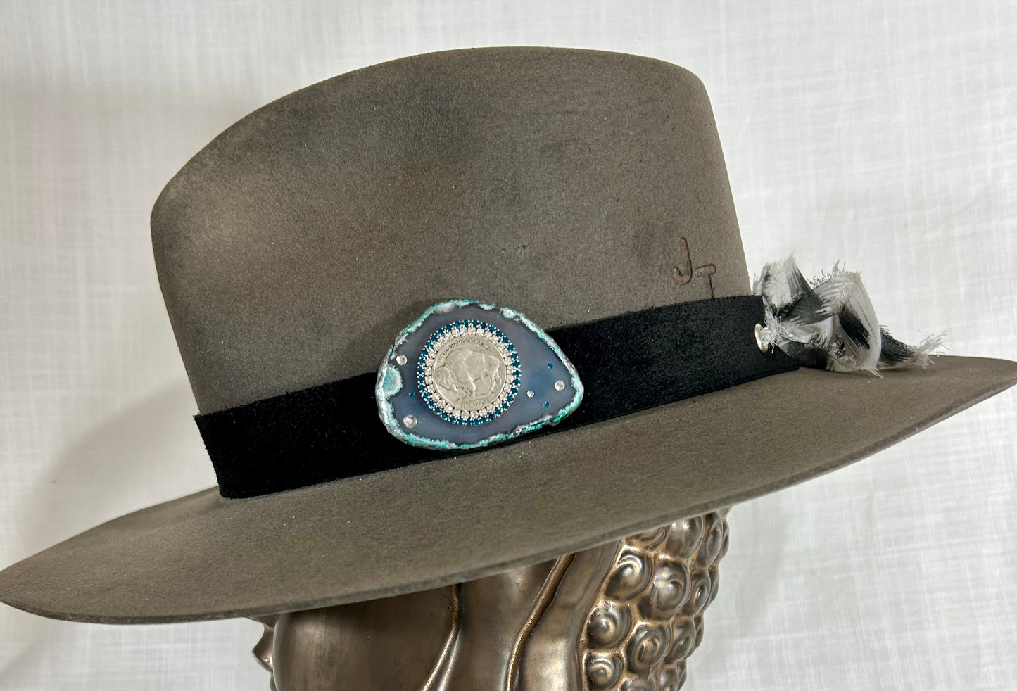 Authentic Buffalo Coin,  Black Genuine Suede Hat Band, luxe Agate Crystal, Grommet tie backs with chiffon ribbon, one size fits all