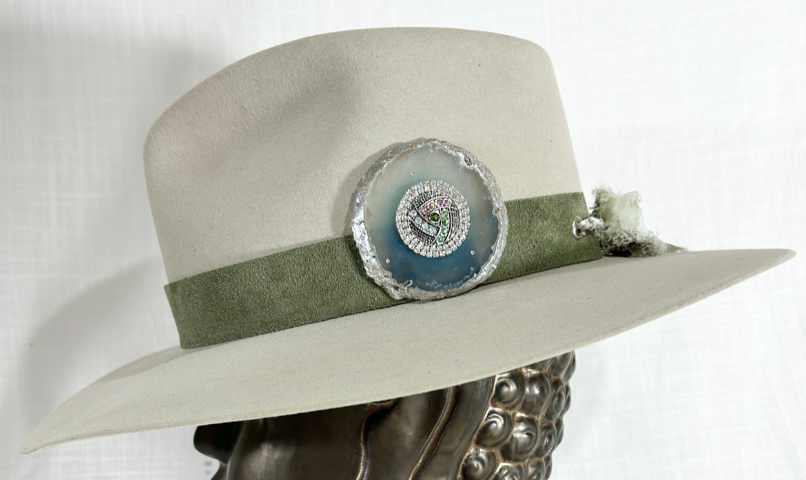 Western Hat Band, Genuine Suede, luxe Agate Crystal, Rhinestone Cabochon, Grommet tie backs with chiffon ribbon, one size fits all