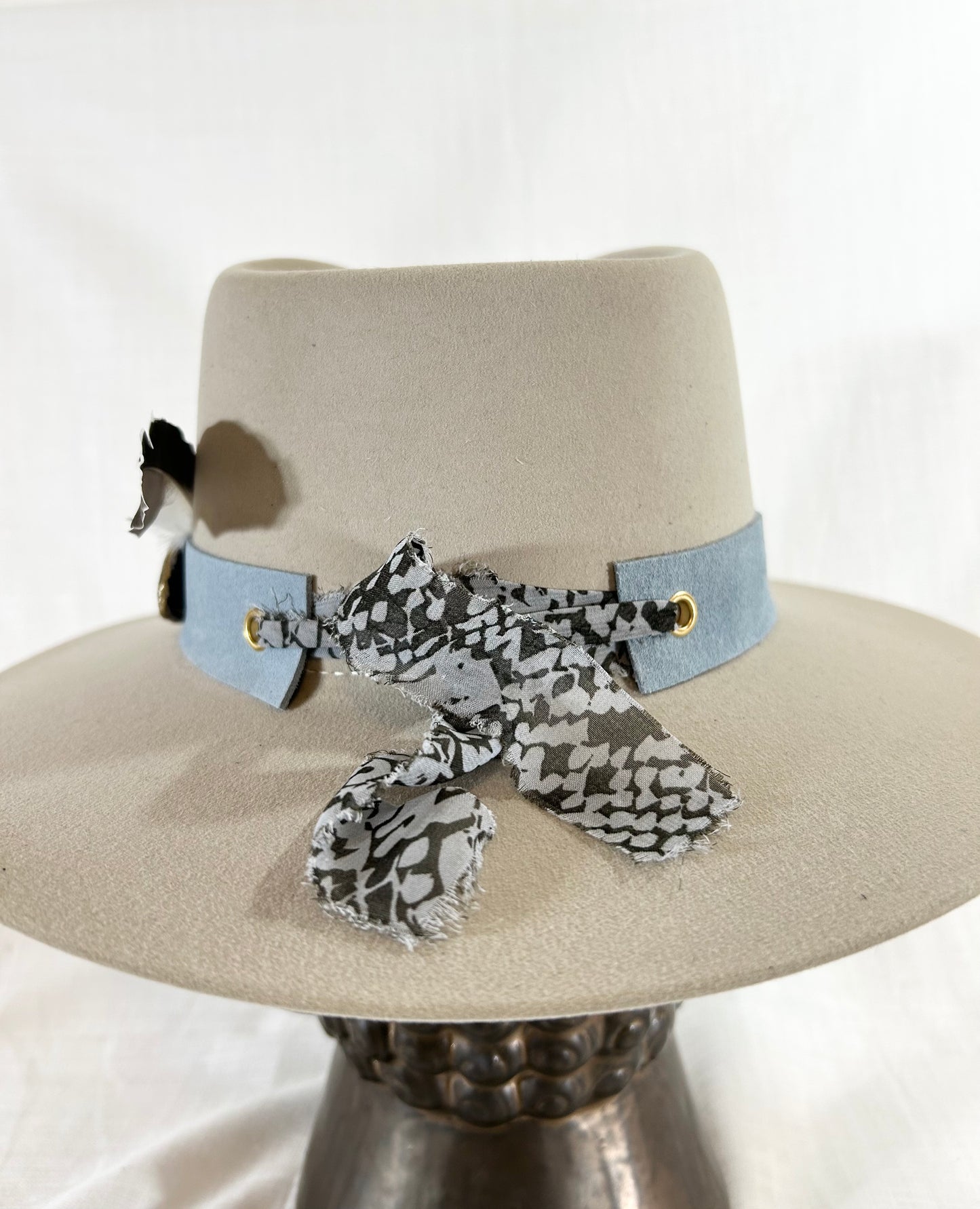 Genuine Suede Hat Band, luxe Agate Crystal, Grommet tie backs with chiffon ribbon, one size fits all