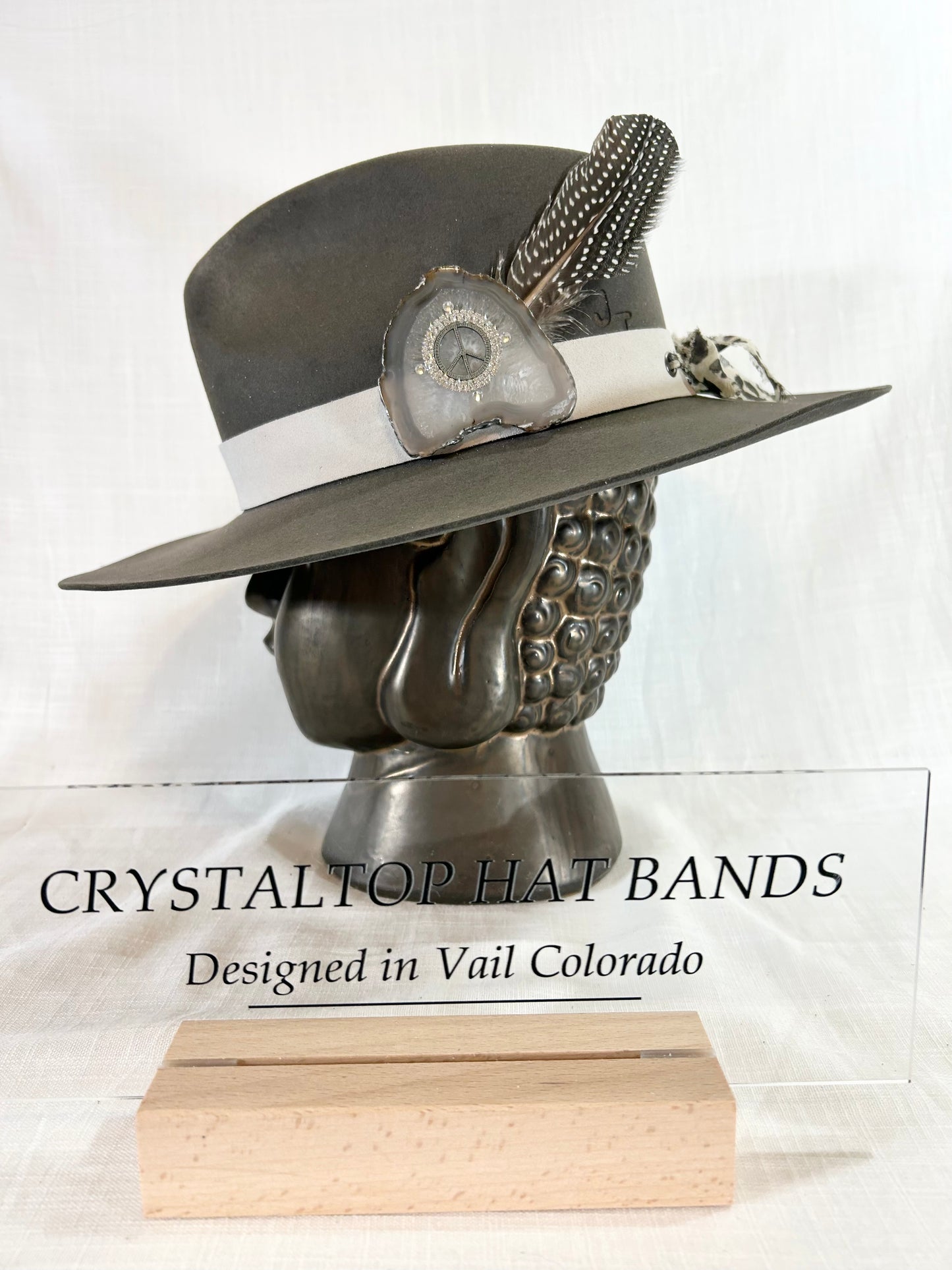 Agate Crystal Hat Band, Genuine Suede, Grommet tie backs with chiffon ribbon, one size fits all